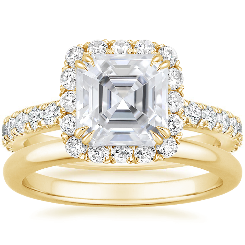 18K Yellow Gold Luxe Sienna Halo Diamond Ring (3/4 ct. tw.) with 2mm Comfort Fit Wedding Ring