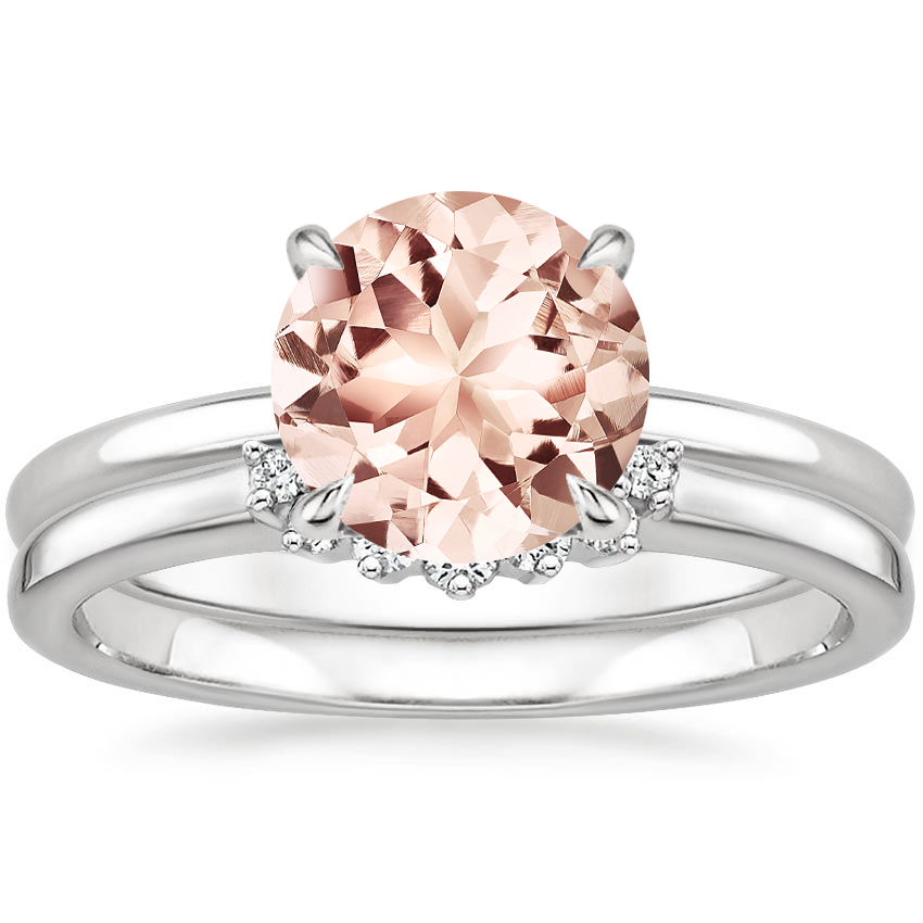 18KW Morganite Elodie Ring with Crescent Diamond Ring, top view