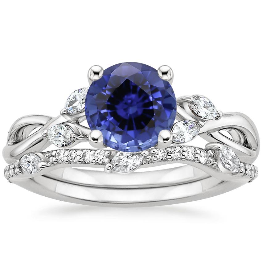 18KW Sapphire Willow Diamond Ring (1/8 ct. tw.) with Luxe Willow Diamond Wedding Ring (1/5 ct. tw.), top view