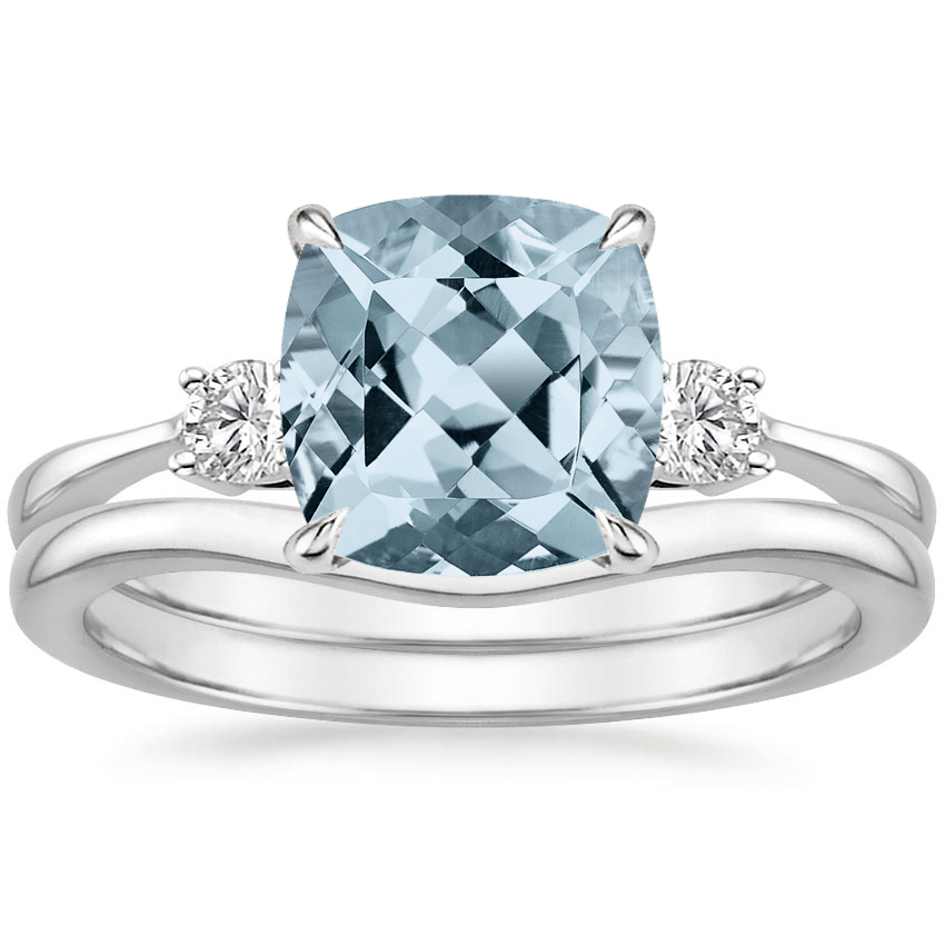 PT Aquamarine Selene Diamond Ring (1/10 ct. tw.) with Petite Curved Wedding Ring, top view