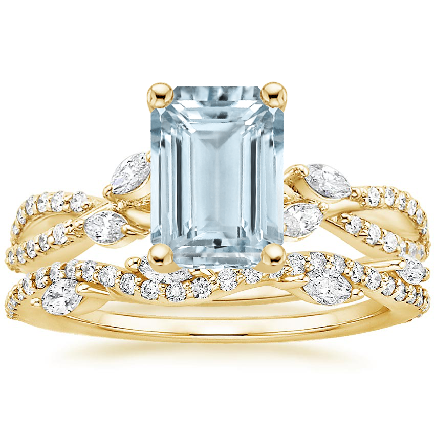 18KY Aquamarine Luxe Willow Diamond Ring (1/4 ct. tw.) with Luxe Winding Willow Diamond Ring (1/4 ct. tw.), top view