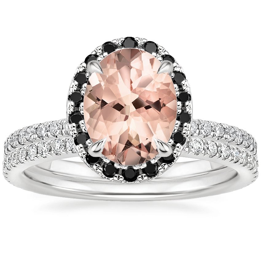 18KW Morganite Waverly Diamond Ring with Black Diamond Accents with Luxe Ballad Diamond Ring, top view