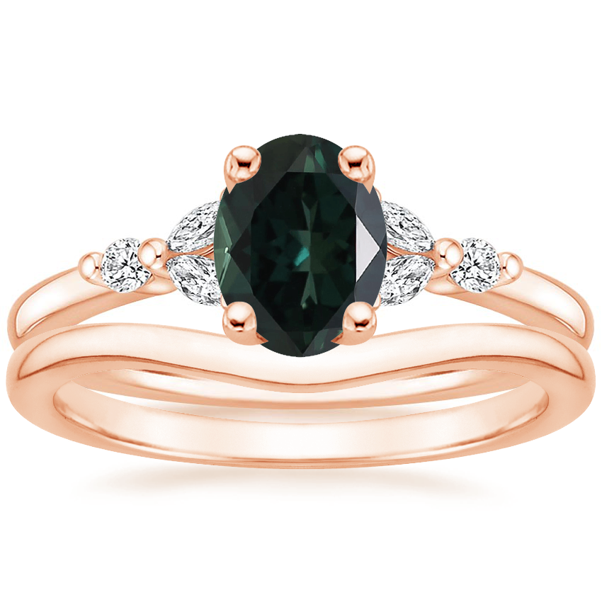 14K Rose Gold Verbena Diamond Ring with Petite Curved Wedding Ring