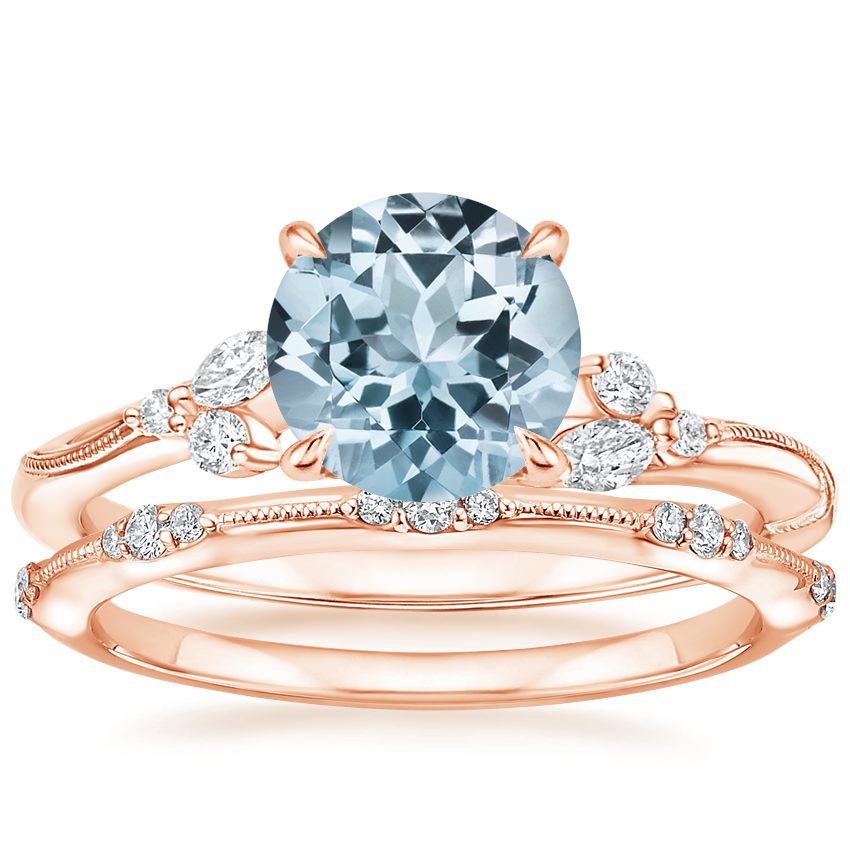 14KR Aquamarine Camellia Diamond Ring with Alena Diamond Ring, top view