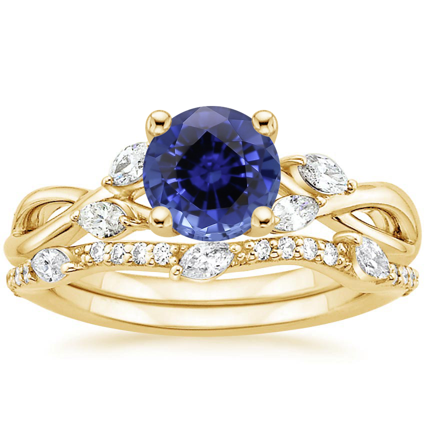 18KY Sapphire Willow Diamond Ring (1/8 ct. tw.) with Luxe Willow Diamond Wedding Ring (1/5 ct. tw.), top view