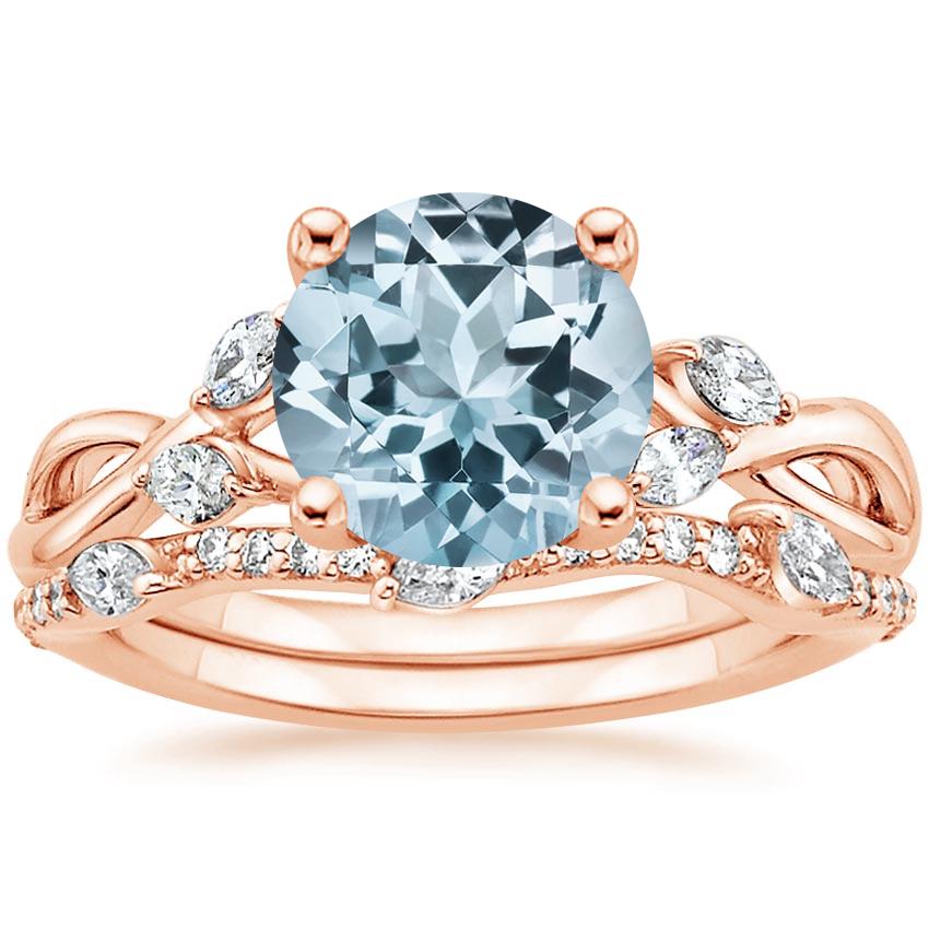 14KR Aquamarine Willow Diamond Ring (1/8 ct. tw.) with Luxe Willow Diamond Wedding Ring (1/5 ct. tw.), top view