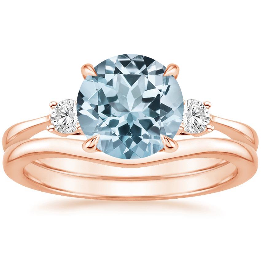 14KR Aquamarine Selene Diamond Ring (1/10 ct. tw.) with Petite Curved Wedding Ring, top view