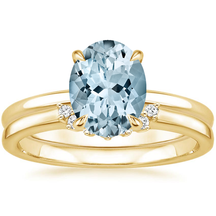 18KY Aquamarine Elodie Ring with Crescent Diamond Ring, top view
