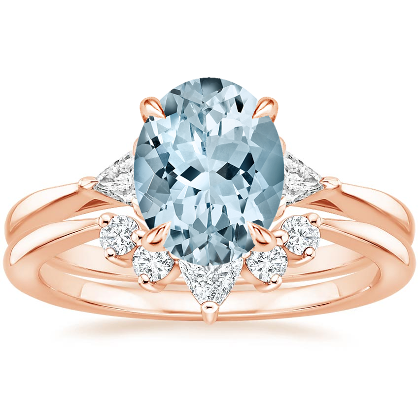 14KR Aquamarine Trillion Three Stone Diamond Engagement Ring with Hadley Contoured Diamond Ring, top view