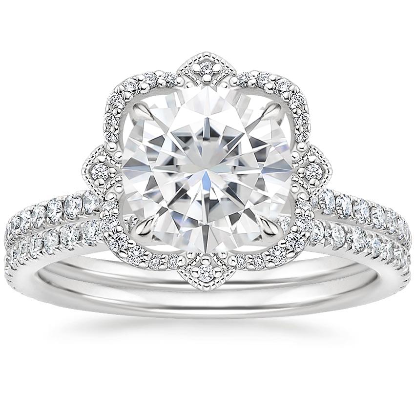 18KW Moissanite Reina Diamond Ring with Luxe Ballad Diamond Ring (1/4 ct. tw.), top view