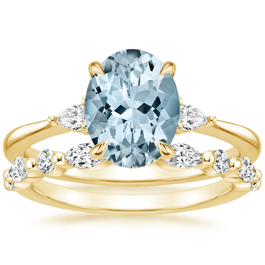 18KY Aquamarine Aria Diamond Ring (1/10 ct. tw.) with Versailles Diamond Ring (3/8 ct. tw.), top view