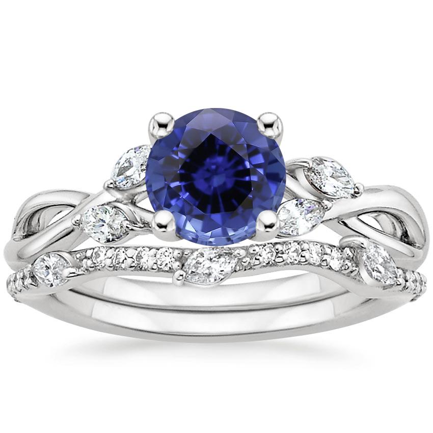 18KW Sapphire Willow Diamond Ring (1/8 ct. tw.) with Luxe Willow Diamond Wedding Ring (1/5 ct. tw.), top view