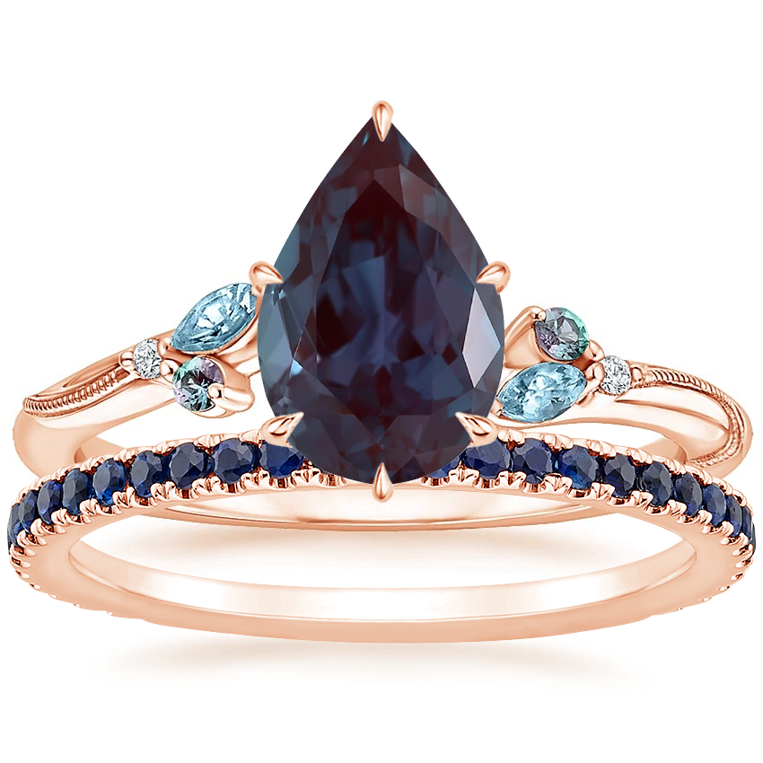 14K Rose Gold Camellia Indigo Milgrain Ring with Luxe Ballad Sapphire Ring