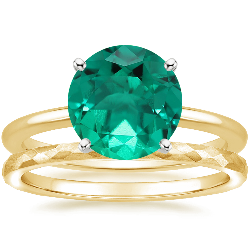 14K Yellow Gold Four-Prong Petite Comfort Fit Ring with Matte Hammered Petite Comfort Fit Wedding Ring