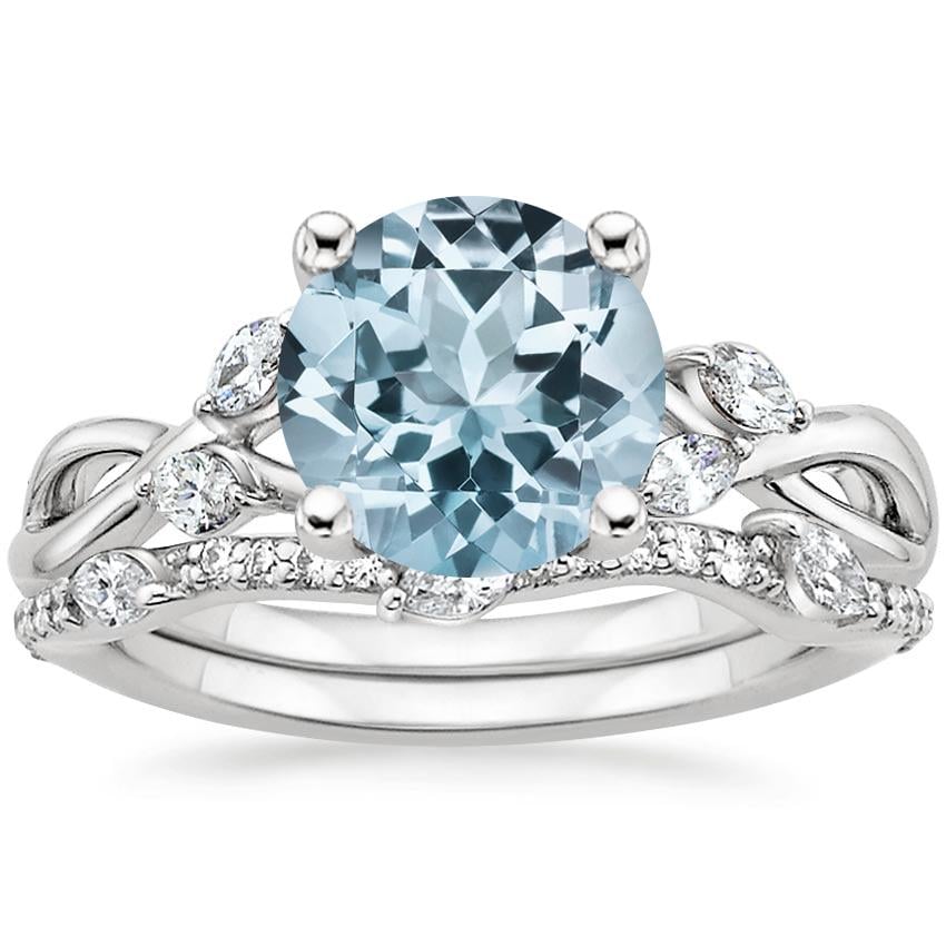 18KW Aquamarine Willow Diamond Ring (1/8 ct. tw.) with Luxe Willow Diamond Wedding Ring (1/5 ct. tw.), top view