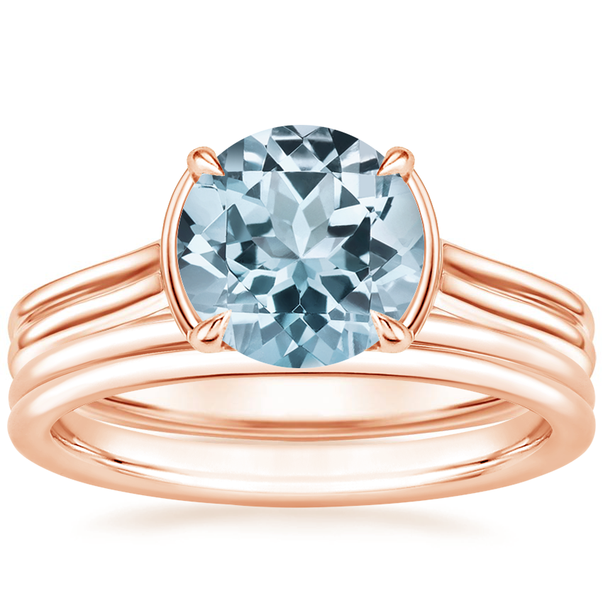 14KR Aquamarine Jade Trau Alure Solitaire Ring with Sorella Double Wedding Ring, top view