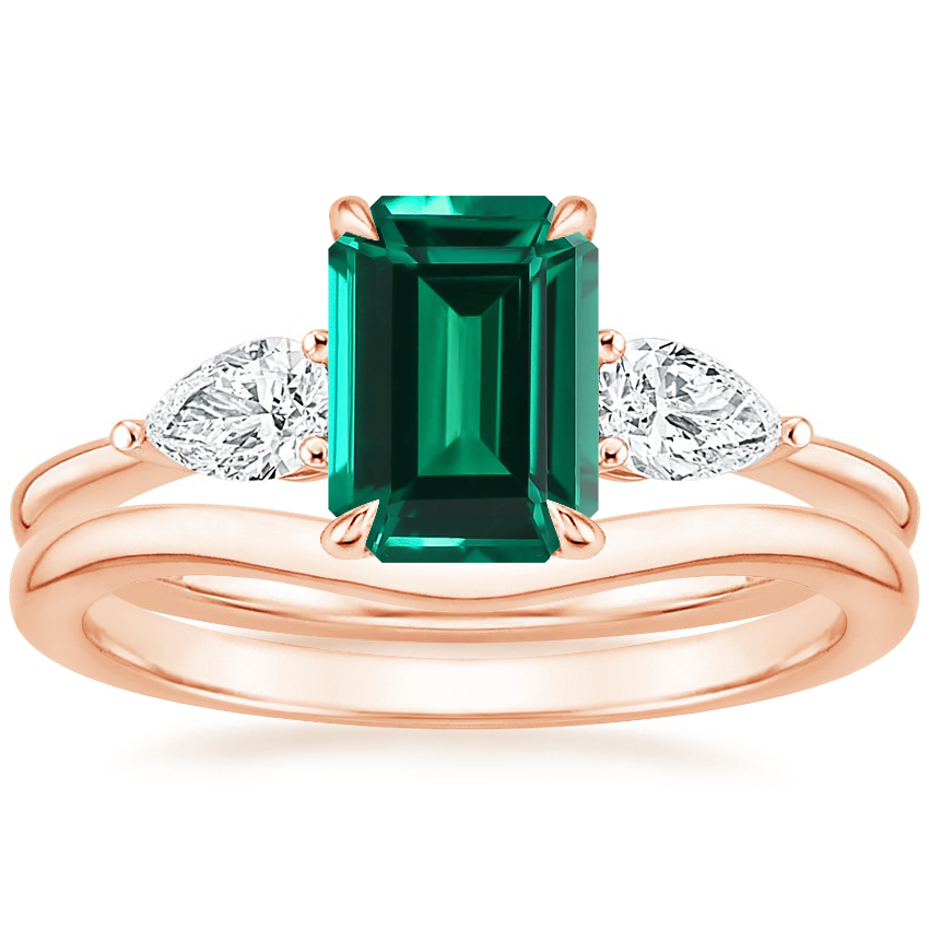14K Rose Gold Opera Diamond Ring with Petite Curved Wedding Ring