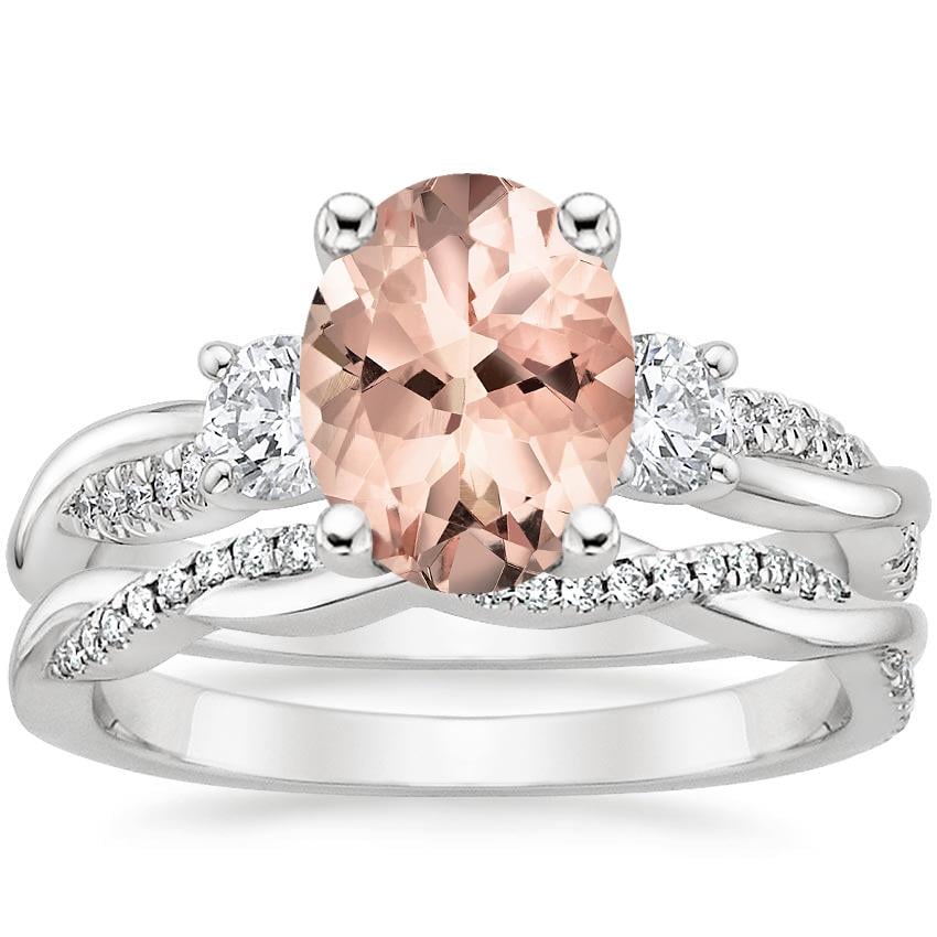18KW Morganite Three Stone Petite Twisted Vine Diamond Bridal Set (1/2 ct. tw.), top view