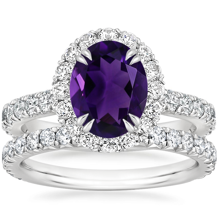 18K White Gold Luxe Sienna Halo Diamond Ring (3/4 ct. tw.) with Luxe Amelie Diamond Ring (1/2 ct. tw.)