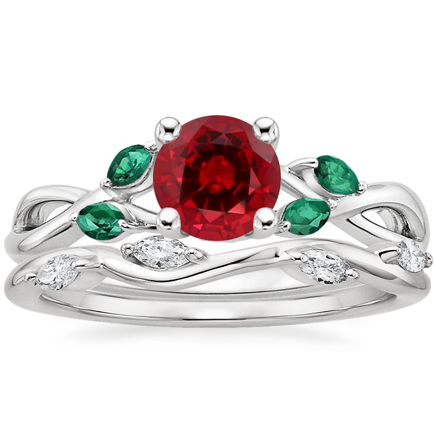 Platinum Willow Ring With Lab Emerald Accents with Winding Willow Diamond Ring (1/8 ct. tw.)