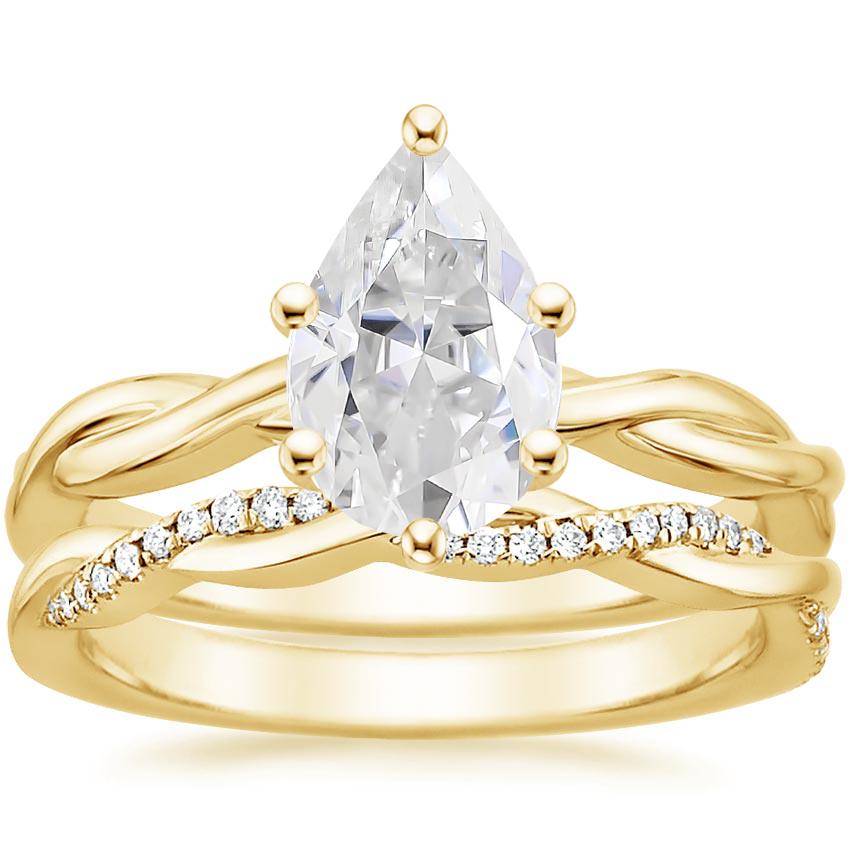 18KY Moissanite Twisted Vine Ring with Petite Twisted Vine Diamond Ring (1/8 ct. tw.), top view