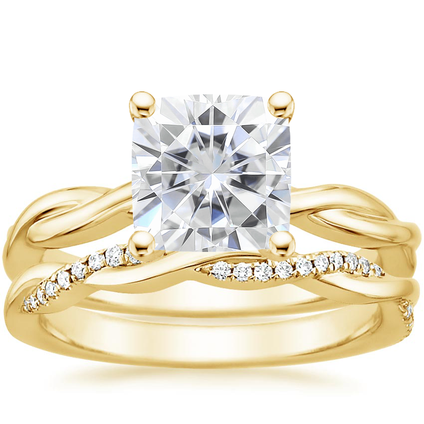 18KY Moissanite Twisted Vine Ring with Petite Twisted Vine Diamond Ring (1/8 ct. tw.), top view