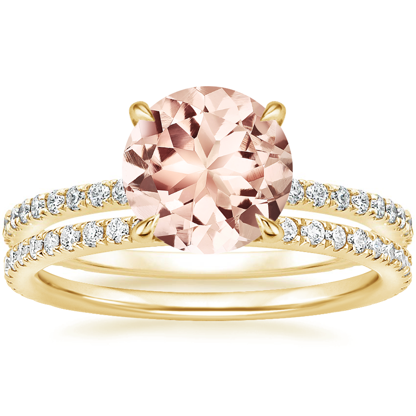 18KY Morganite Demi Diamond Ring with Luxe Ballad Diamond Ring, top view