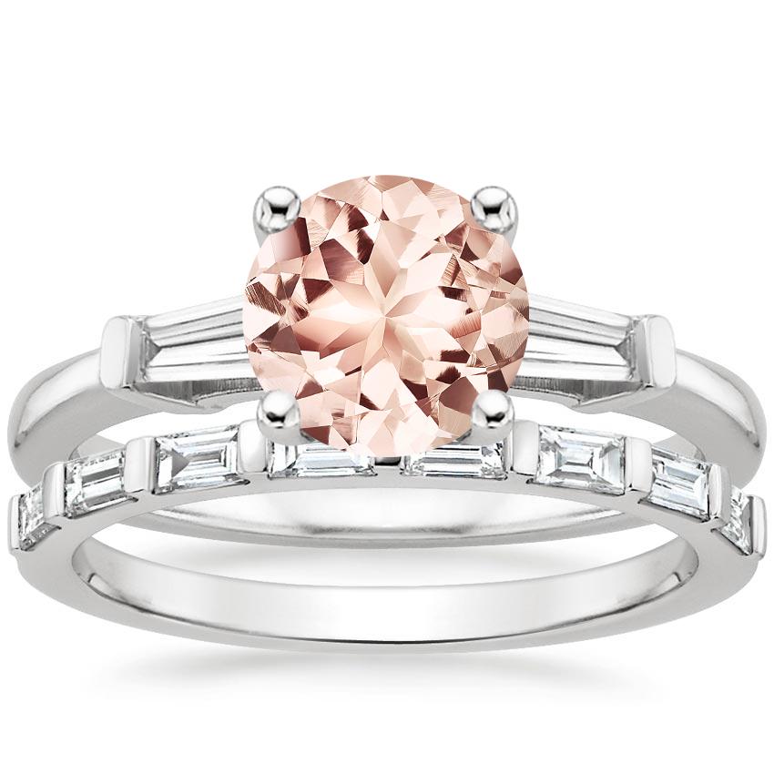 18KW Morganite Tapered Baguette Diamond Ring (1/5 ct. tw.) with Barre Diamond Ring (1/4 ct. tw.), top view
