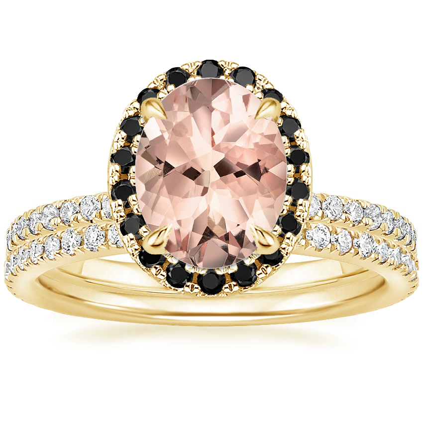 18KY Morganite Waverly Diamond Ring with Black Diamond Accents with Luxe Ballad Diamond Ring, top view