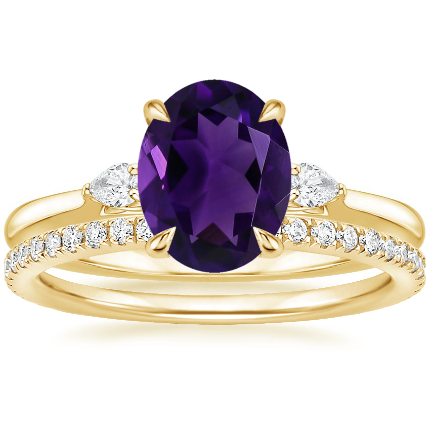 18K Yellow Gold Perfect Fit Three Stone Pear Diamond Ring with Luxe Ballad Diamond Ring