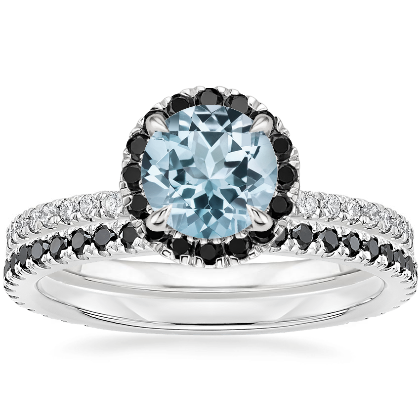 18KW Aquamarine Waverly Diamond Ring with Black Diamond Accents with Luxe Ballad Black Diamond Ring, top view