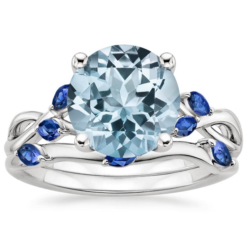 18KW Aquamarine Willow Bridal Set With Sapphire Accents, top view