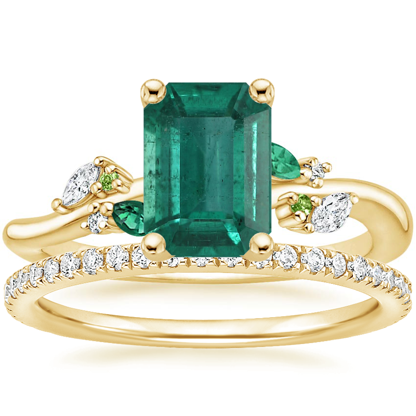 18K Yellow Gold Arden Diamond Ring with Lab Emerald Accents with Luxe Ballad Diamond Ring (1/4 ct. tw.)