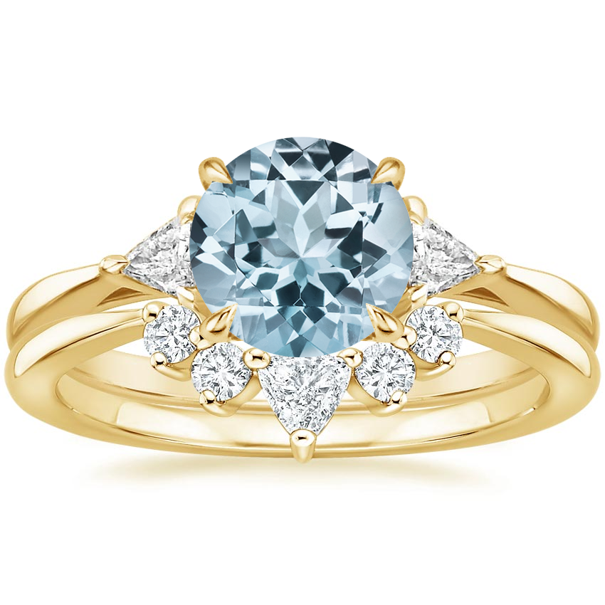 18KY Aquamarine Trillion Three Stone Diamond Engagement Ring with Hadley Contoured Diamond Ring, top view