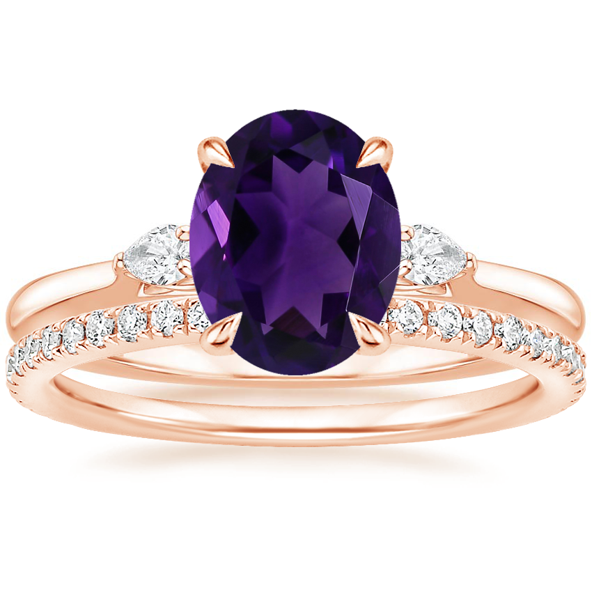 14K Rose Gold Perfect Fit Three Stone Pear Diamond Ring with Luxe Ballad Diamond Ring