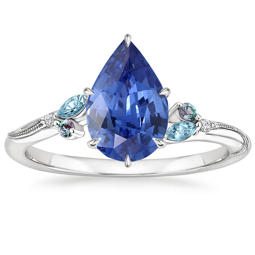 18K White Gold Camellia Indigo Milgrain Ring, large top view