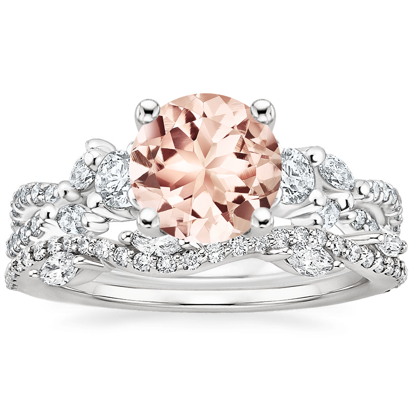 PT Morganite Three Stone Luxe Willow Diamond Ring with Luxe Winding Willow Diamond Ring, top view