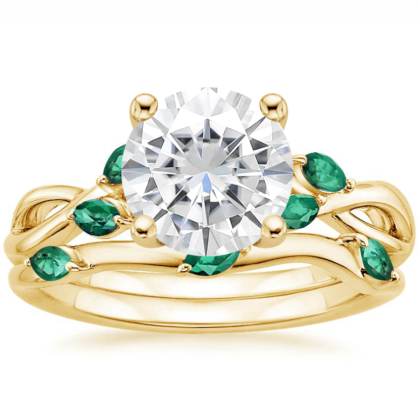 18KY Moissanite Willow Bridal Set With Lab Emerald Accents, top view