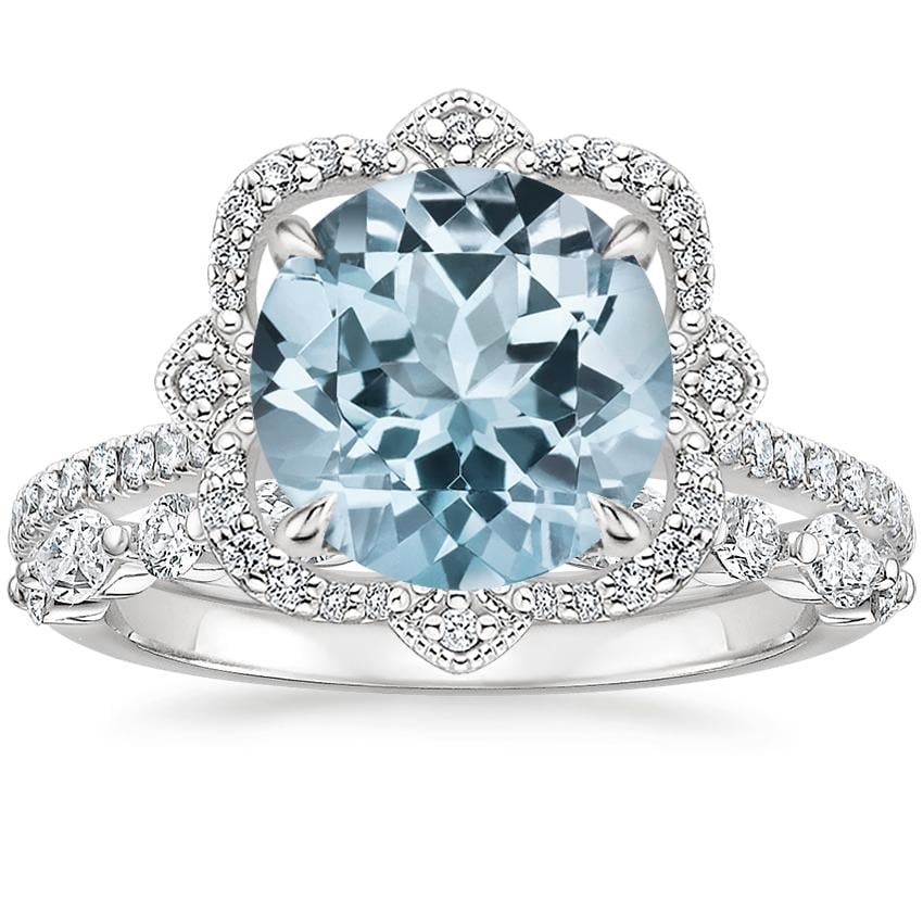 18KW Aquamarine Reina Diamond Ring with Versailles Diamond Ring (3/8 ct. tw.), top view