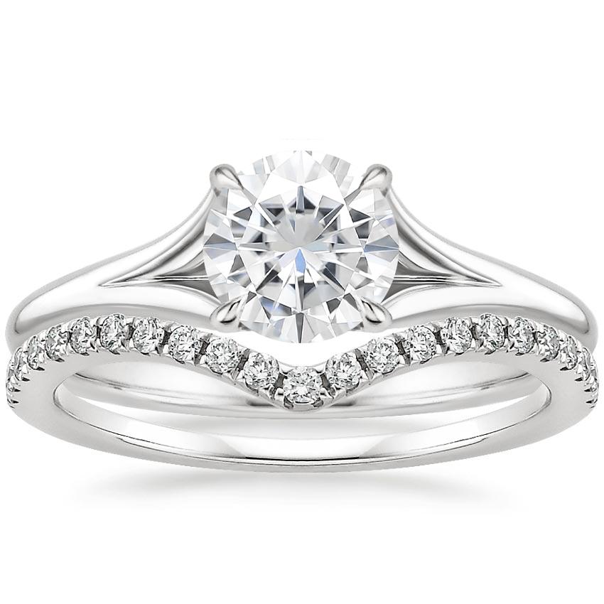 18KW Moissanite Reverie Ring with Flair Diamond Ring (1/6 ct. tw.), top view