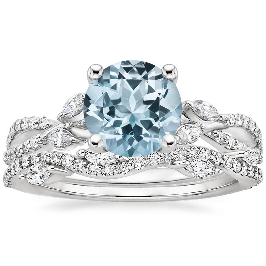 18KW Aquamarine Luxe Willow Diamond Ring (1/4 ct. tw.) with Luxe Winding Willow Diamond Ring (1/4 ct. tw.), top view