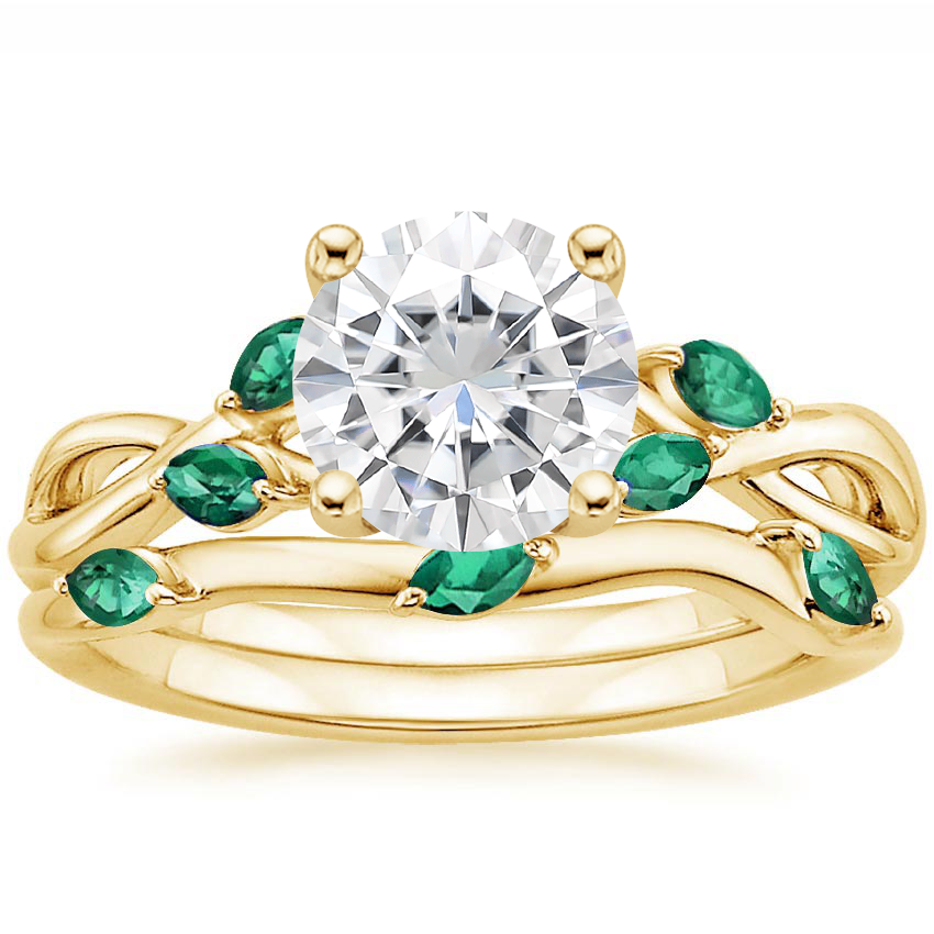 18KY Moissanite Willow Bridal Set With Lab Emerald Accents, top view