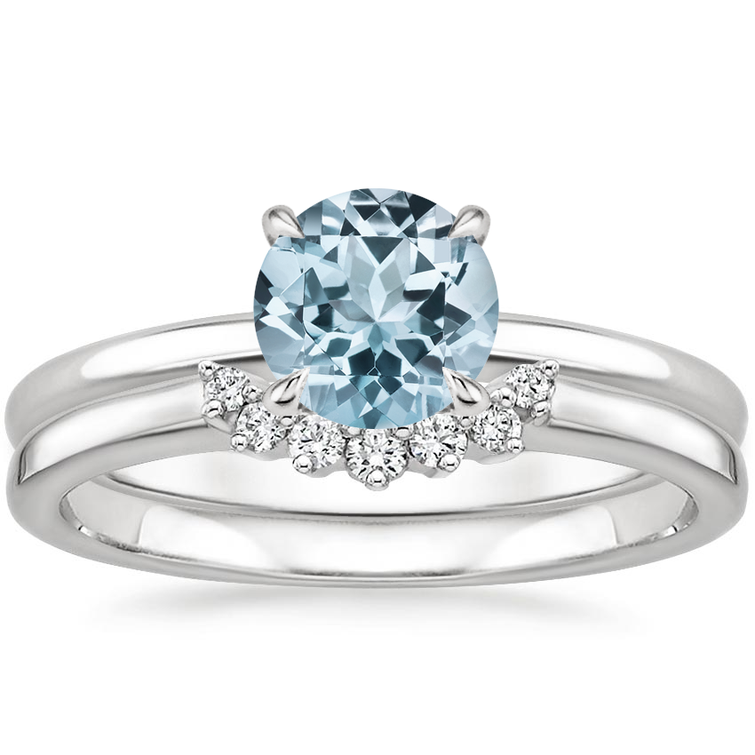 18KW Aquamarine Elodie Ring with Crescent Diamond Ring, top view