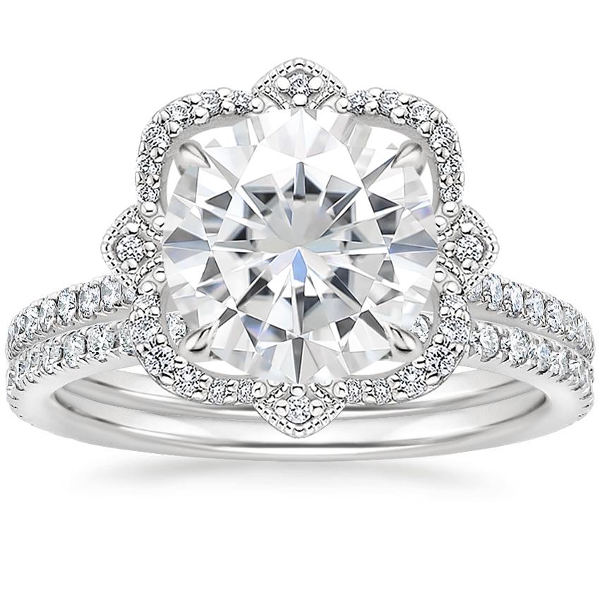18KW Moissanite Reina Diamond Ring with Luxe Ballad Diamond Ring (1/4 ct. tw.), top view