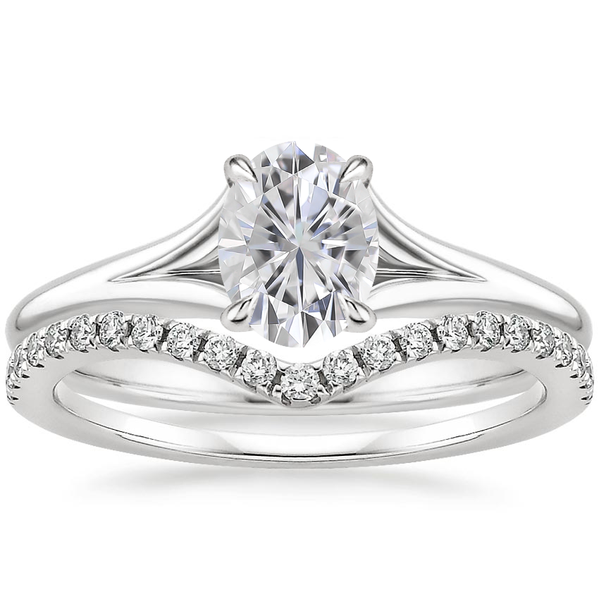 18KW Moissanite Reverie Ring with Flair Diamond Ring (1/6 ct. tw.), top view