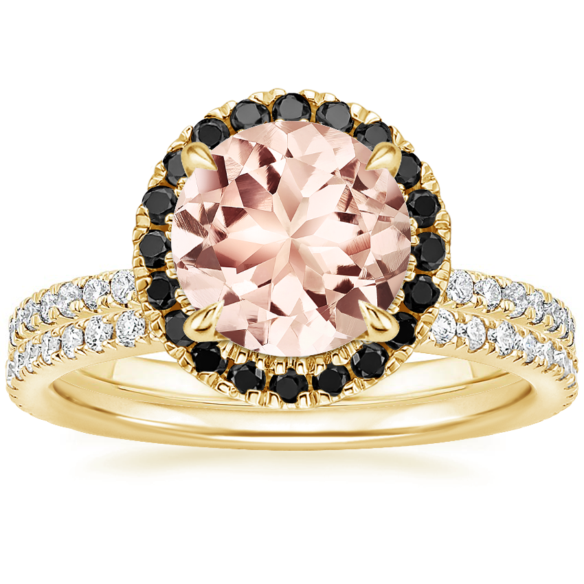 18KY Morganite Waverly Diamond Ring with Black Diamond Accents with Luxe Ballad Diamond Ring, top view