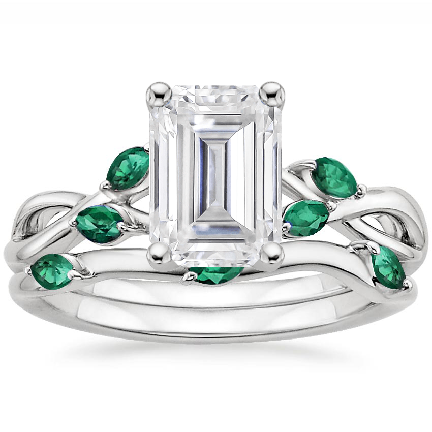 PT Moissanite Willow Bridal Set With Lab Emerald Accents, top view