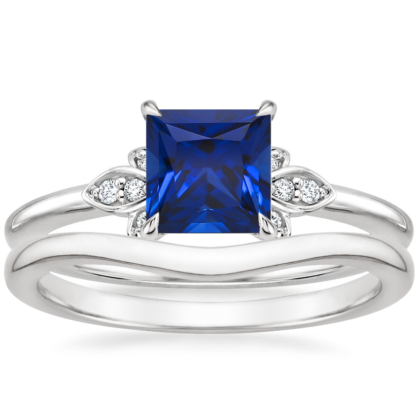 18K White Gold Fiore Diamond Ring with Petite Curved Wedding Ring