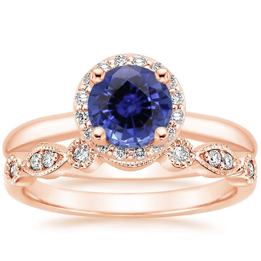 14KR Sapphire Halo Diamond Ring (1/6 ct. tw.) with Tiara Diamond Ring (1/10 ct. tw.), top view