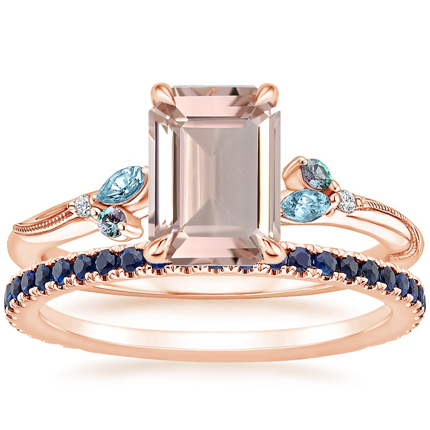 14K Rose Gold Camellia Indigo Milgrain Ring with Luxe Ballad Sapphire Ring